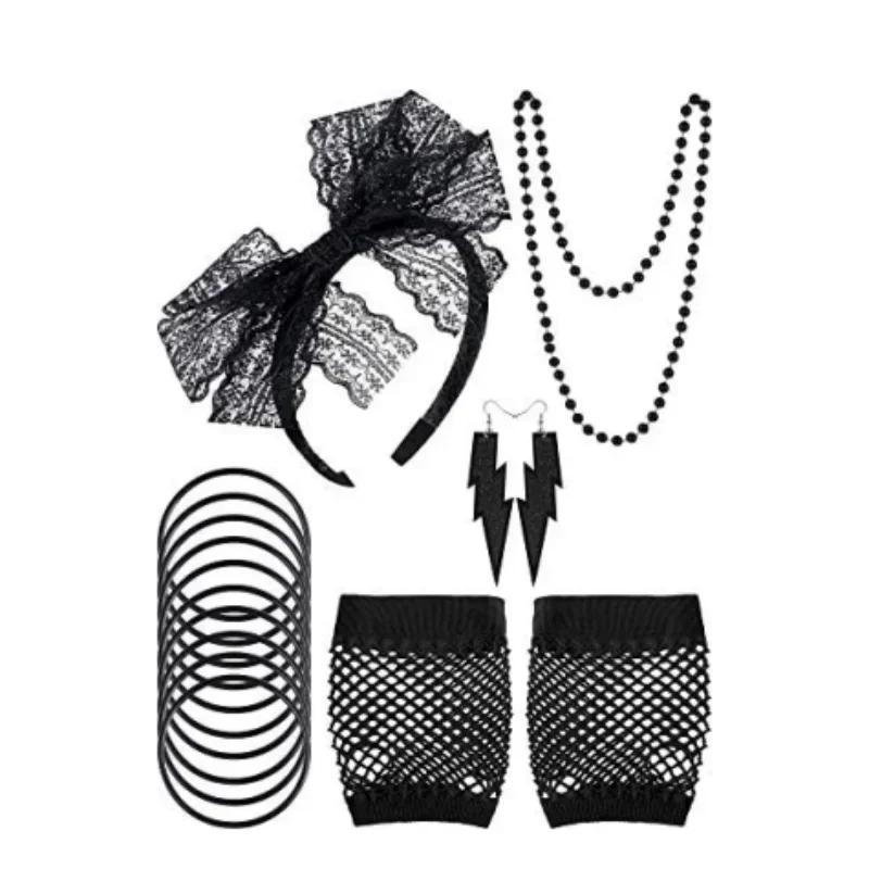 Halloween 80s Fancy Party Costume Set Lace Headband Neon Earrings Fingerless Fishnet Gloves Accessories Women Clothing Typical