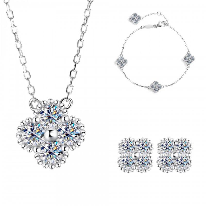Moissanite Clover 3-Piece Jewelry Set Women Sterling Necklace Bracelet Earrings With GRA Certificate
