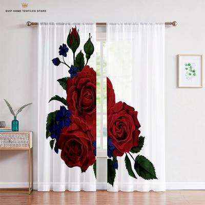 Red Rose Retro Romantic Print Curtains, Living Room, Bedroom, Kitchen, Window Decoration, Home Decoration, 2 Pcs