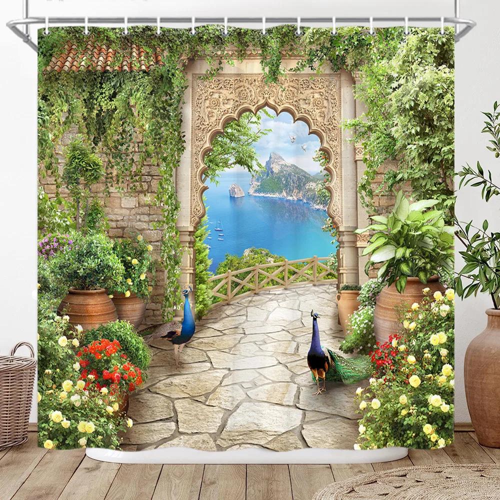 Window Outside Forest Bridge Spring Landscape Creativity Shower Curtain Zen Stone Tree Building Scenery Cloth Curtains With Ho