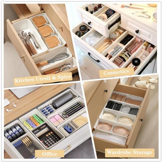 2PCS Expandable Storage Drawer Organizers Sliding Bin Plastic Desk Drawer Trays with Removable Dividers Adjustable Makeup Storage Bins for Bedroom,