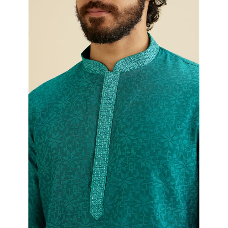 Manyavar Men's Viscose Blend Jacquard Embroidered Kurta Pyjama Set (Green,S)
