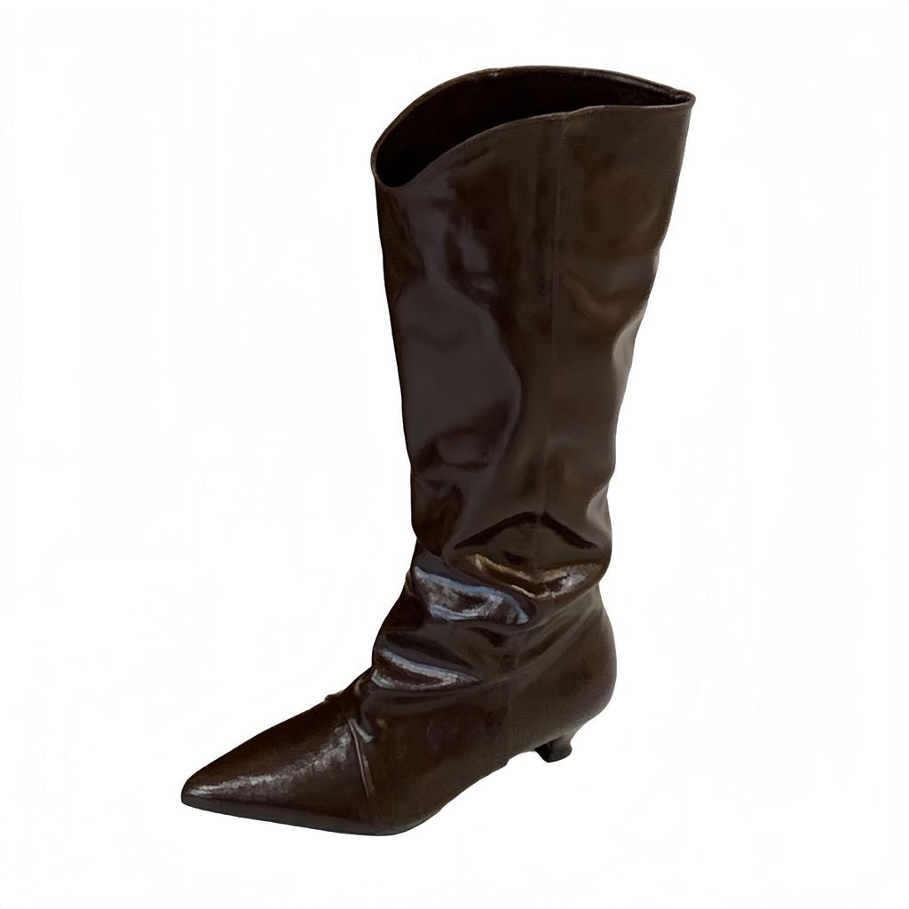 Europe, America 2025 new kitten heel pointed retro pleated sleeve stacking boots wide tube women's two wear medium tube boots