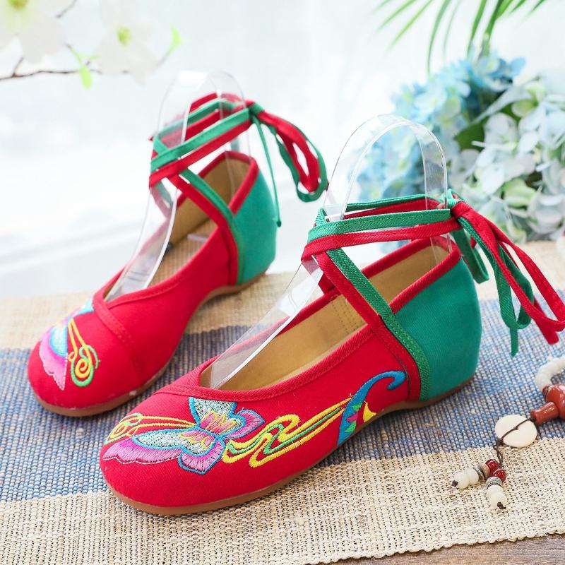 Ladies' New Ethnic-Style Embroidered Canvas Shoes with Oxford Sole Soft-Sole Dance Flats