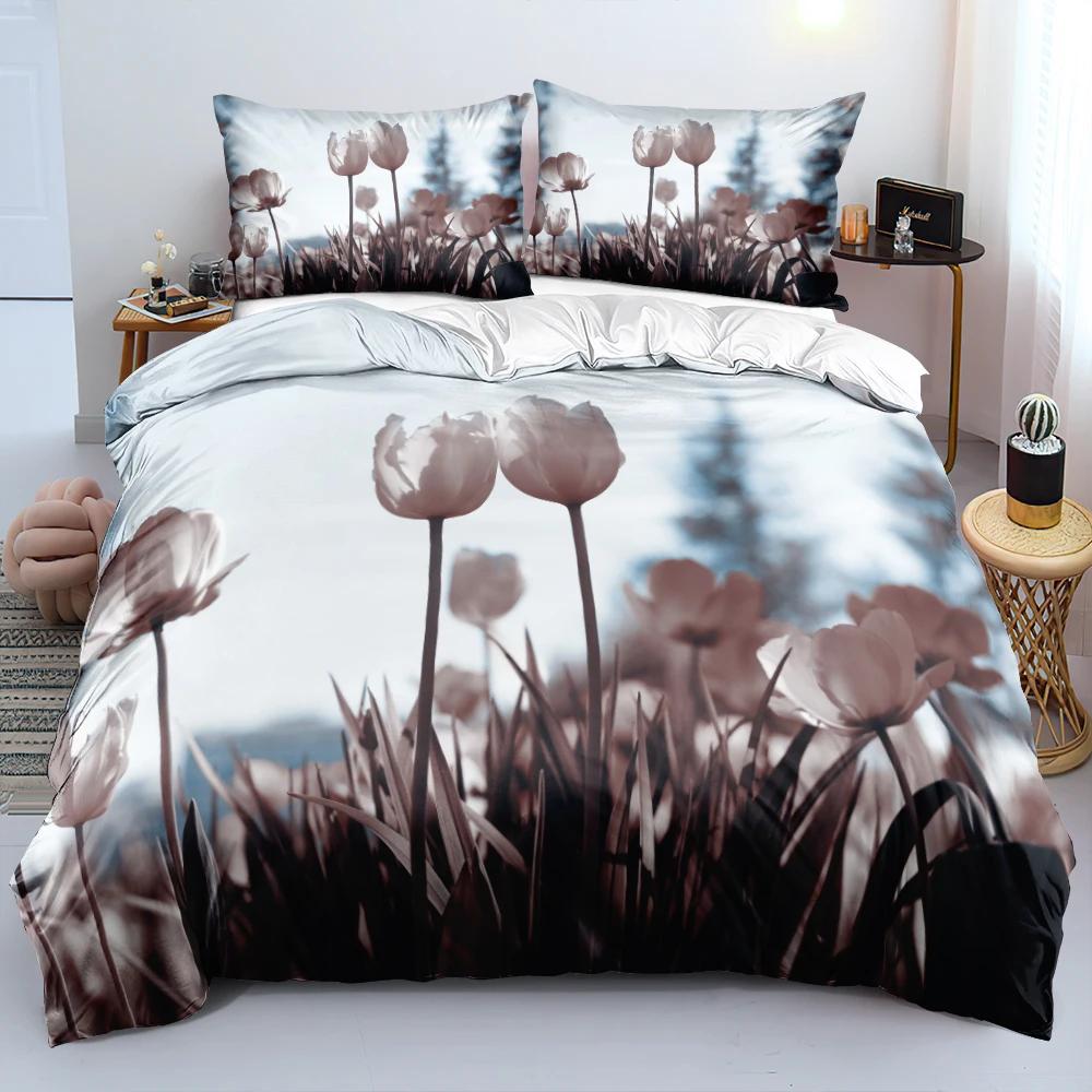3D Floral Beding Set Rose Sureal Scene Concept Artwork Soft Duvet Cover King Quen Sized Dimensions Colorful Flowers Gren Soft Warm Comforter Cover