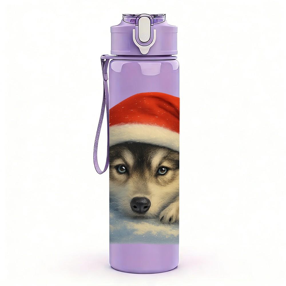 1PC Husky Santa Hat Portrait 750ml Color Plastic Sports Water Bottle Leakproof Flip Straw Lid Suitable for Sports Office Home Use