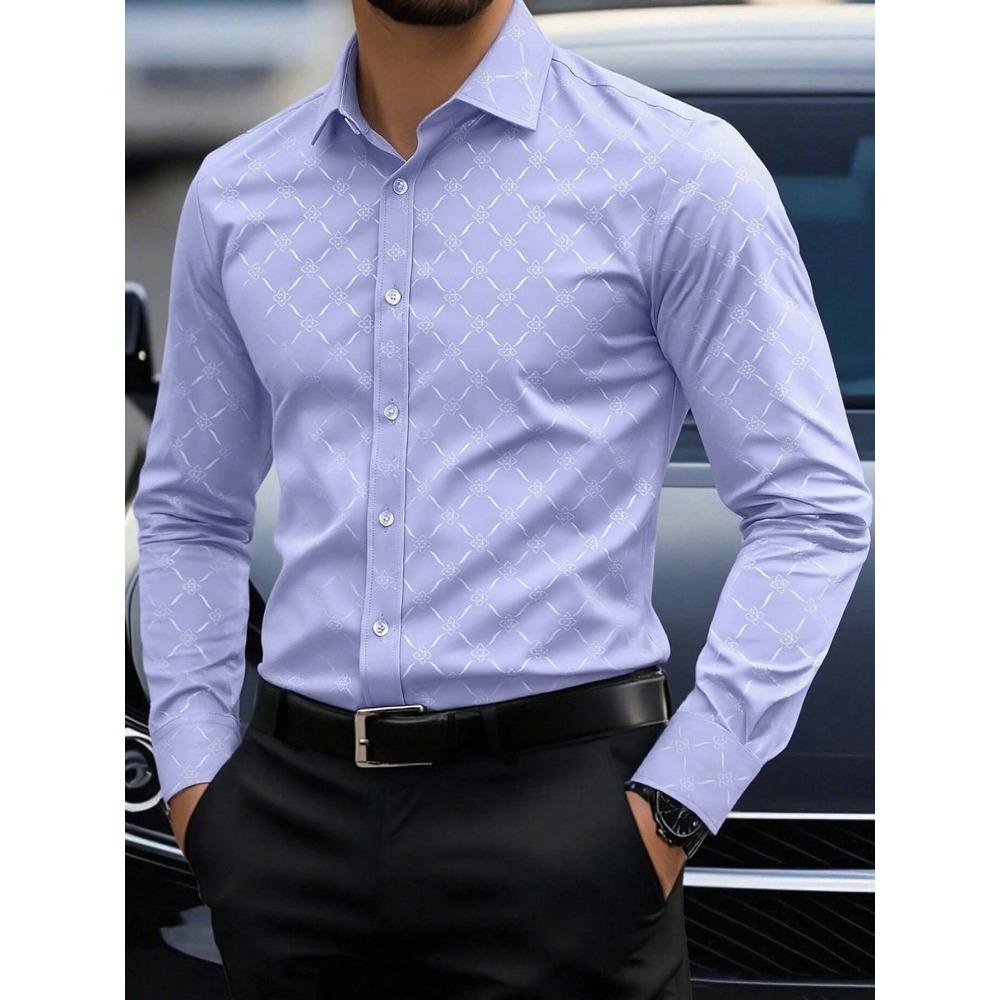 Light Luxury Dark Patterned Diamond Shaped Men's Shirt, Silky Slim Fit Shirt, European and American High-end Dark Printed Shirt