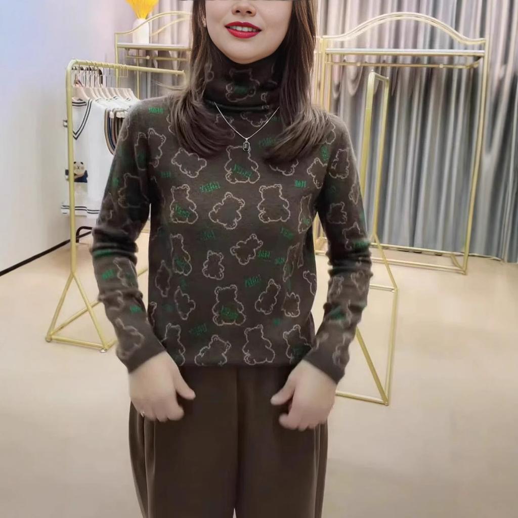 Turtleneck bottoming shirt women's velvet thickened autumn and winter foreign style warm long-sleeved bear t-shirt women's top