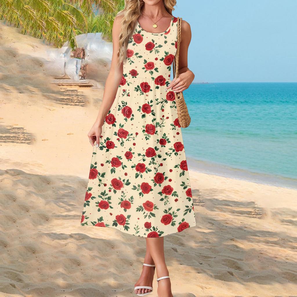 Sleeveless Maxi Dress with Scoop Neck and Floral Print Loose Fit Casual Long Dress for Women Summer Beachwear