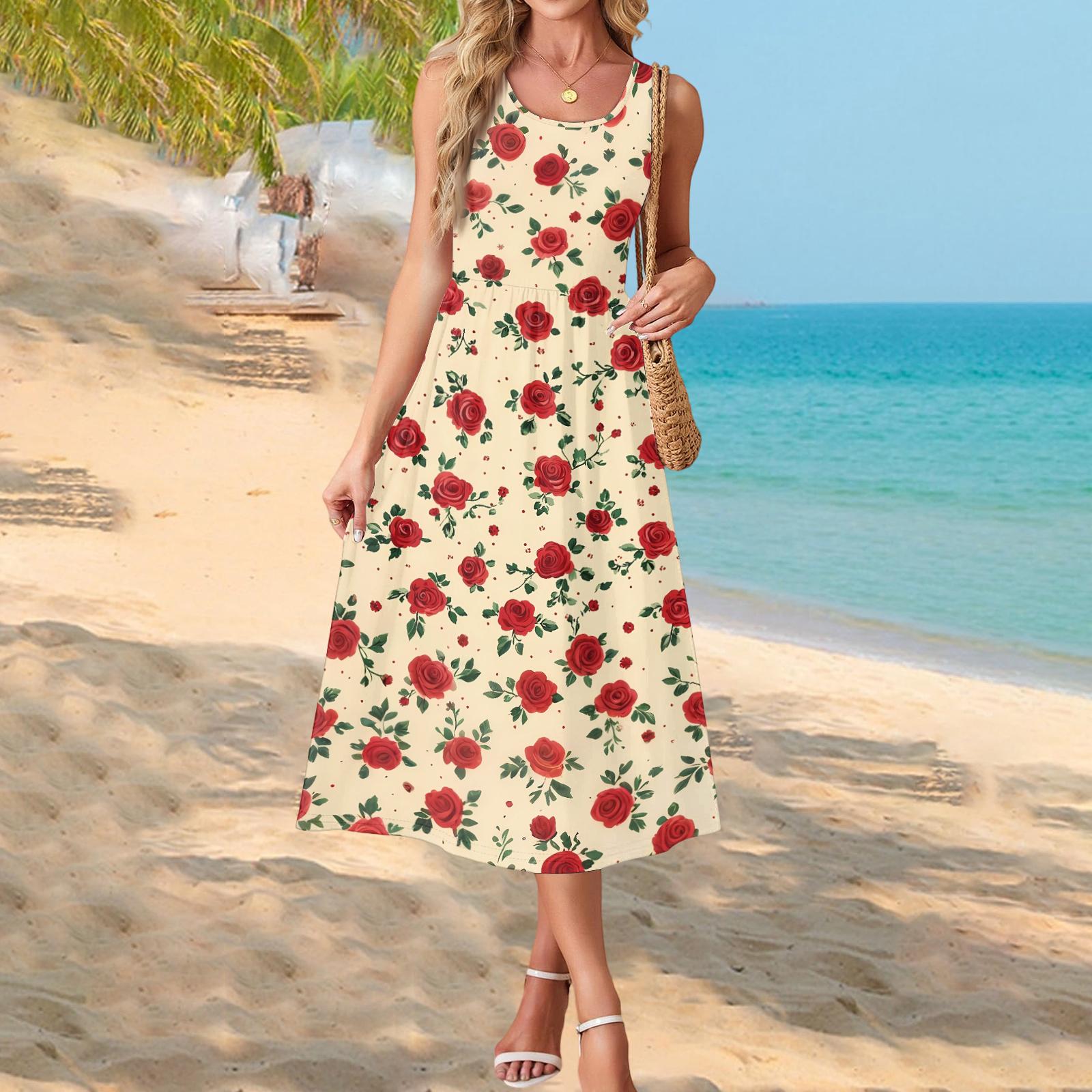 Women’s Sleeveless Summer Maxi Dress with Pockets Floral Print Casual Loose Fit Sundress for Beach Holiday Resort S жёлтый