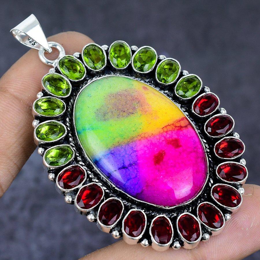 Natural Solar Quartz, Peridot 925 Sterling Silver Jewelry Pendant 2.76" ETC-13787