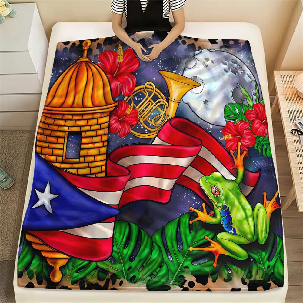 1Pc Puerto Rico Print Flannel Blanket, High quality Comfortable for All Seasons, Home Decor, Warmth and Comfort, Perfect for Christmas Gifts