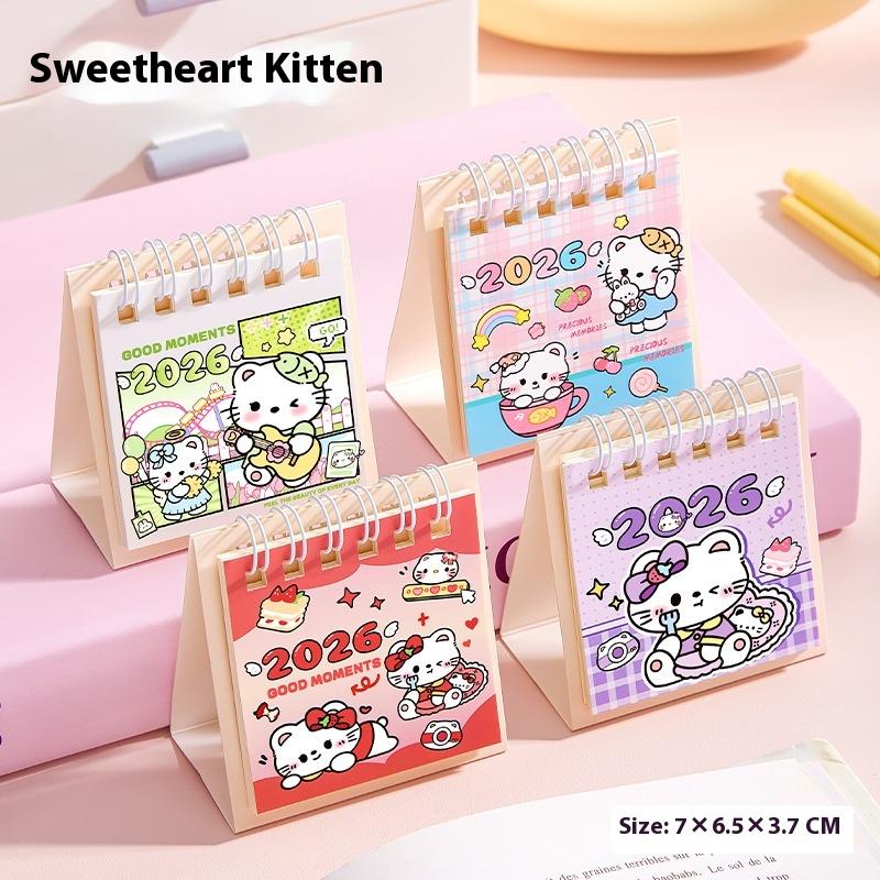 

4Pcs Creative Cartoon Hello Kitty Horse Mini 2026 Desktop Standing Flip Calendar Kawaii Anime Message Memo Desktop Ornament