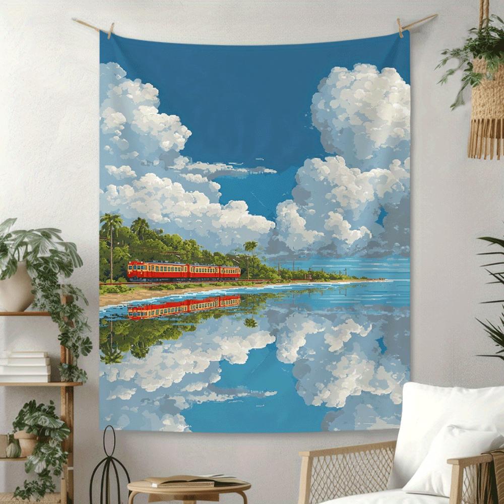Train Moving Through the Clouds Digital Printing Polyester Wall Tapestry Suitable for Use In Living Rooms Bedrooms Bars Party