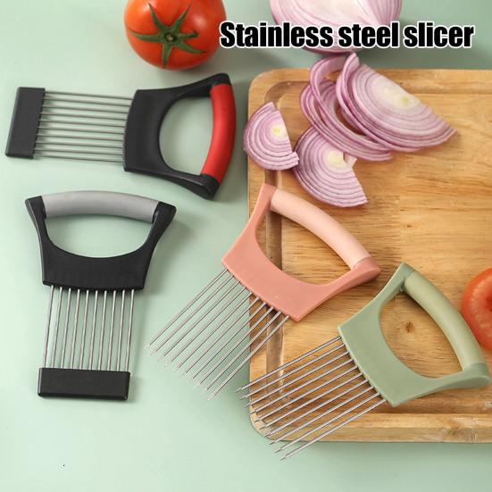 Stainless Steel Onion Holder & Slicer with 10 Prongs Hands-Free Vegetable Slicer for Onions Tomatoes Lemons Meat Kitchen Cutting Tool