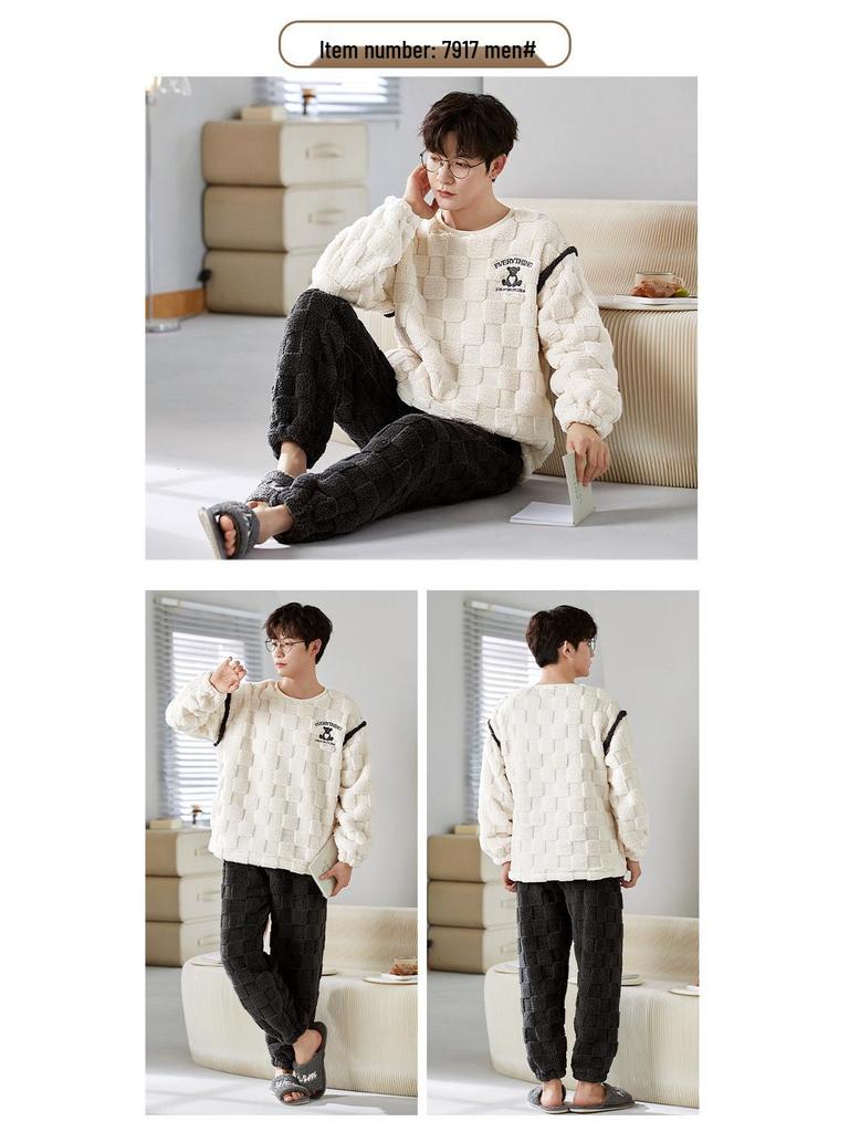 Men's Winter Thickened Coral Fleece Pajamas: Cute Cartoon Warm Homewear Set for Teenagers and Students