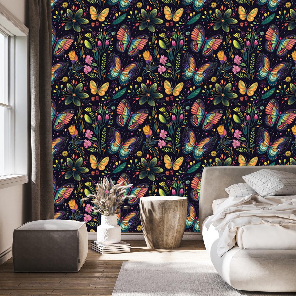 Wallpaper Colorful Butterflies Navy Blue and Indigo for Living Room and Bedroom 50x1000
