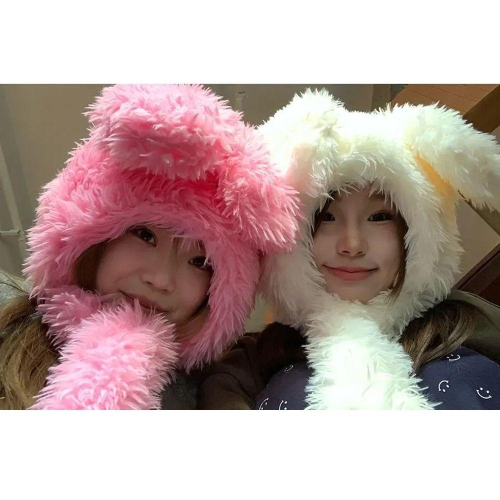 Long Rabbit Ears Women's Plush Caps Cute Winter Beanies Hats Sweet Fuzzy Bunny Hat  Ski
