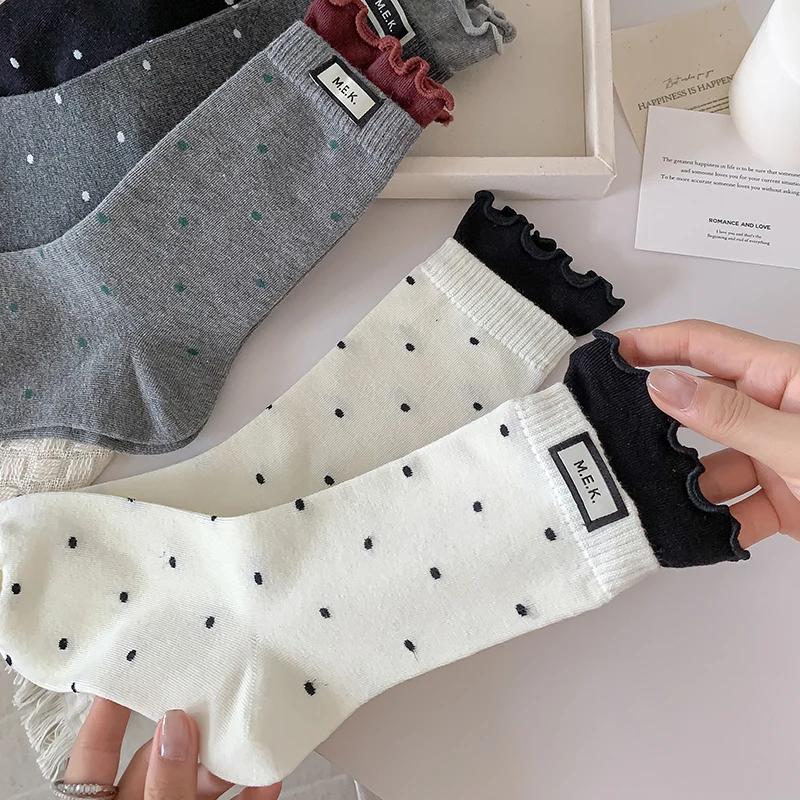 Women Cotton Long Socks Soft Breathable Cute Dots Frilly Edge Retro Preppy Style Comfortable Casual Fashion Socks For Everyday