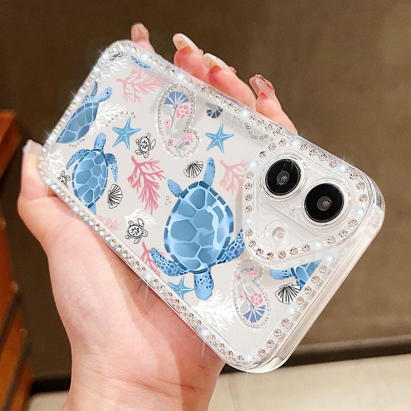 Conch Shark Pattern Clear Silicone Case For iPhone 16E 16 Pro 15 Pro Max 14 13 12 11 Diamond Frame Soft Shockproof Transparent Phone Cover