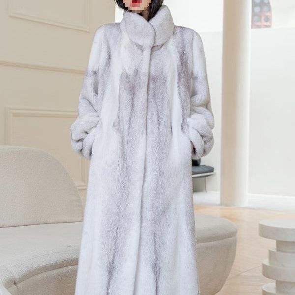 Women's Stylish Long Mink Fur Coat with Stand-Up Collar for Winter Warmth