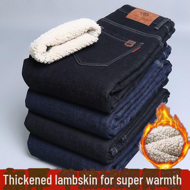 Men's Elastic Straight-Leg Thickened Jeans with Velvet Lining for Autumn and Winter
