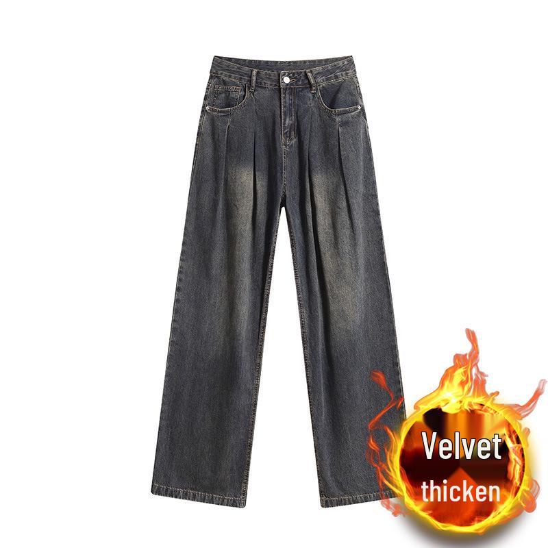 Plus Size High Waist Fleece-Lined White Pleated Wide-Leg Jeans for Women - Autumn/Winter Loose Straight Leg Floor-Length Pants