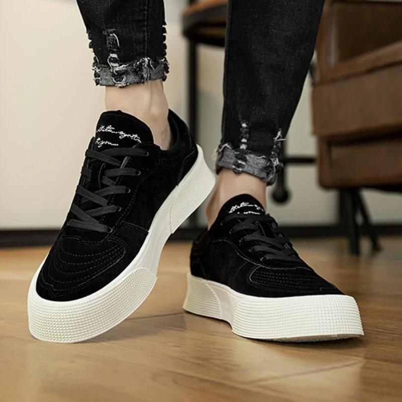 Mens Casual Shoes, Genuine Leather Mens Shoes, Lace-up Thick-soled Mens Sports Shoes, Breathable Lightweight Skate Shoes for Men