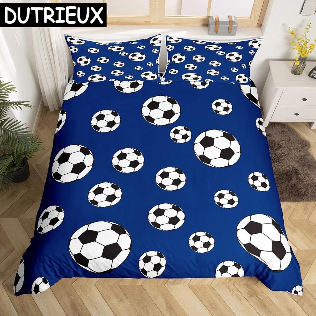 Soccer Duvet Cover Set King Queen Full Size Football Pattern Polyester Comforter Cover For Boys Teens Soccer Lover Bedding Set