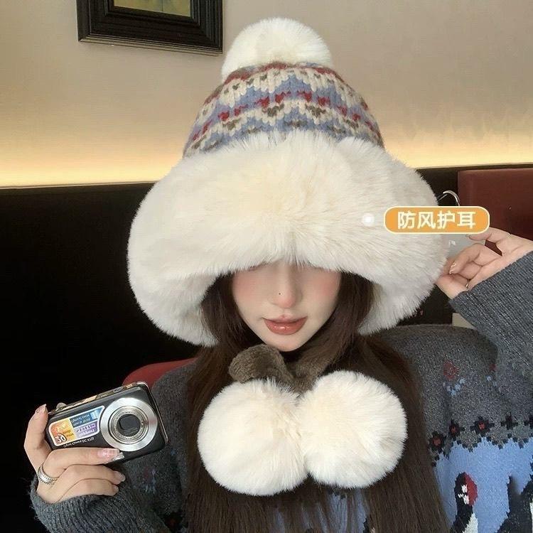 Winter Fleece Lined Warm Knitted Hat Outdoor Casual Ear Flap Ribbon Beanie Face Slimming Cold Proof Plush Hat