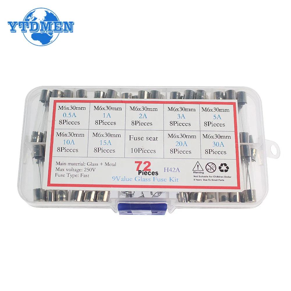 72 Stück Schnellschmelzende Glasrohr-Sicherungen Sortiertes Set 6x30mm Schnellauslösende Glassicherungen 250V 0,5A-30A