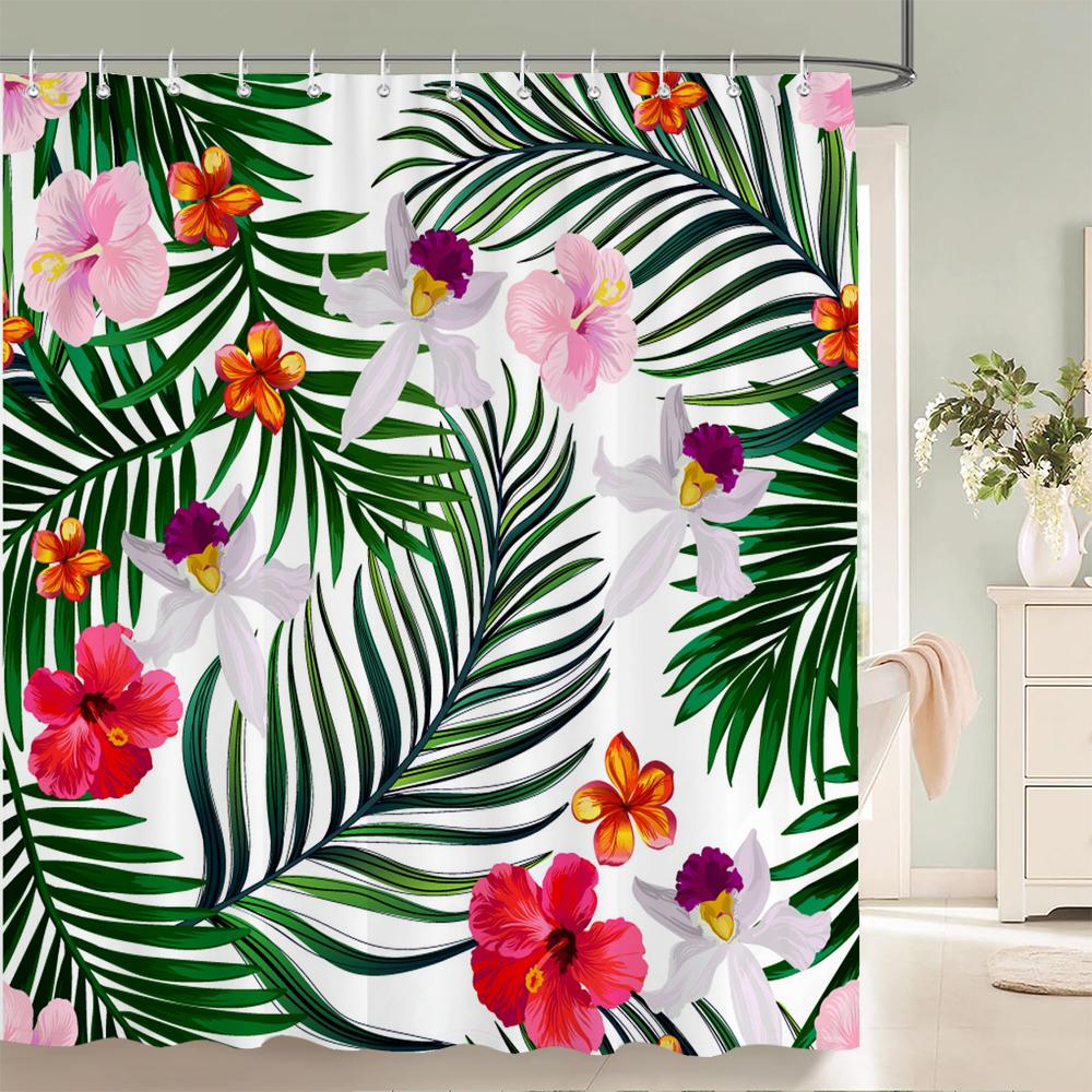 

1 шт. Тканевая водонепроницаемая шторка для душа с принтом тропических растений, черные и золотые листья, шторка для ванной комнаты, с крючками W90xH180cm