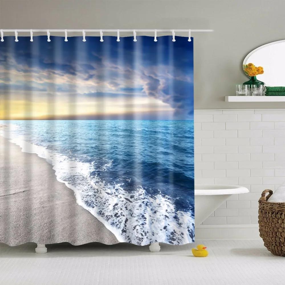 Küstenlandschaft Strand Muscheln Duschvorhänge Seestern Schneckenhaus Blaues Brett Palmen Sonnenuntergang Naturlandschaft Badezimmervorhang Dekor