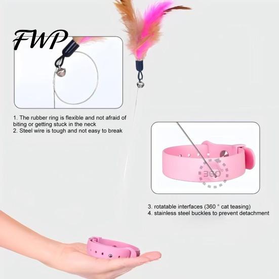 Cat Teaser Wand Collar Feather Toy Interactive Hands Free with Feathers Bell Adjustable for Indoor Kitty Solo Play