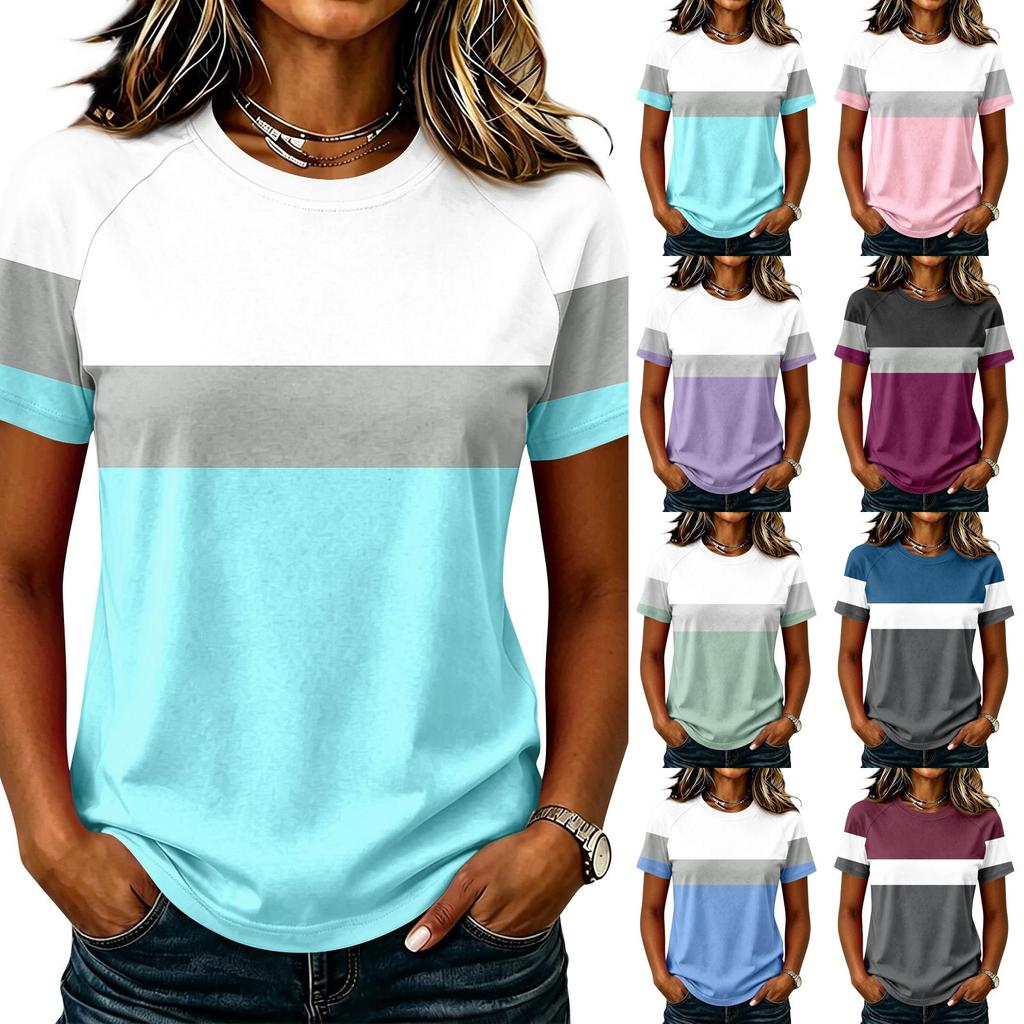 Women's Fashion Raglan Sleeve Crew Neck Casual Colorblock Print Short Sleeve Top Lightweight Soft Fabric Comfortable Fit