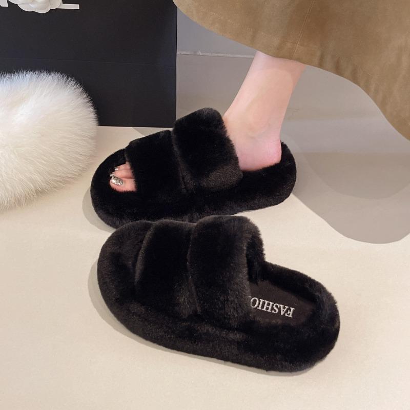 Wool slippers women wear new trendy women's shoes in autumn, one-line platform plush cotton slippers for women