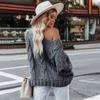 Ladies Autumn Winter Lantern Sleeve Flat Shoulder Pullover Solid Color Loose Knitted Sweater Knitwear Top