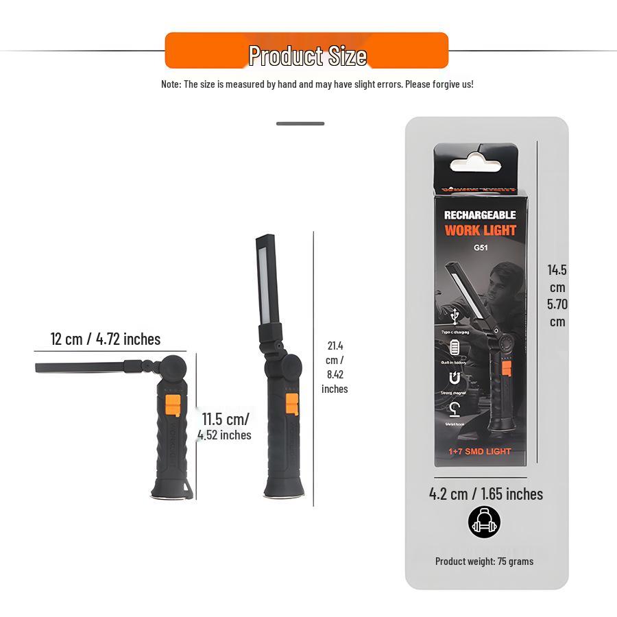 360° Folding Magnetic COB Handheld Work Light with Multi-functional Red Warning Light