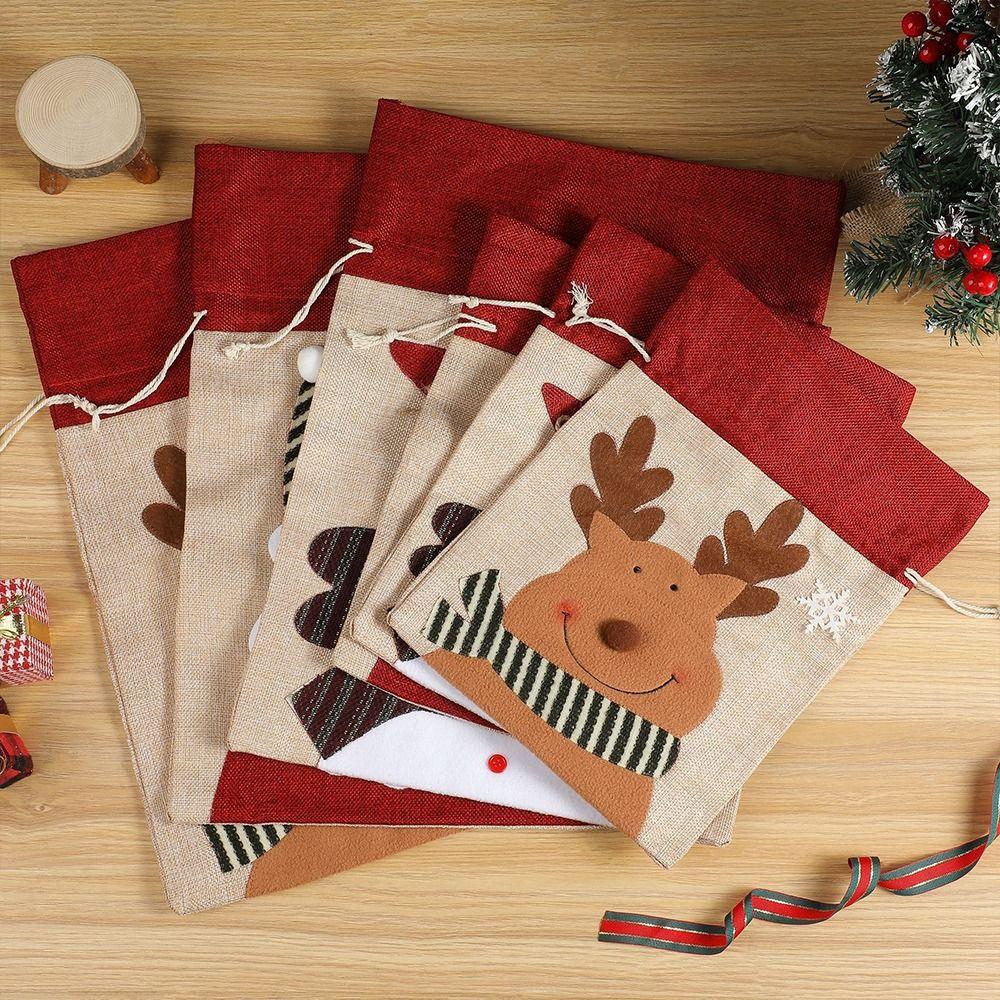 Cartoon Santa Snowman Deer Christmas Gift Bag Dimity Two Sizes Drawstring Wrapping Bag Multicolor Large Capacity