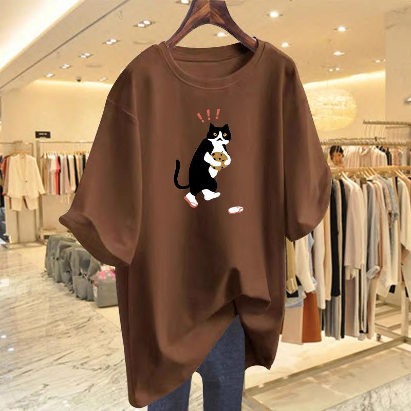 

pure cotton white cat print t-shirt short-sleeved women s summer new loose top bottoming shirt XXXL