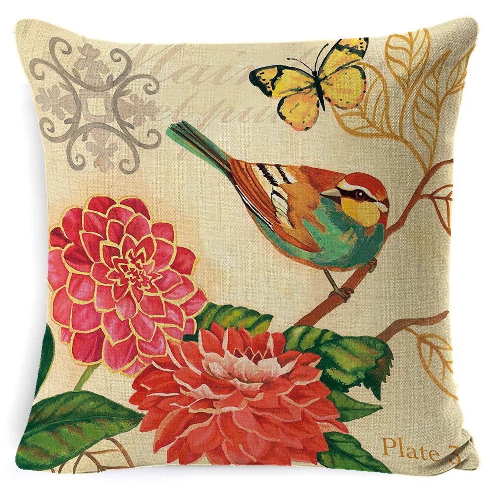 Village Style Rural Flower And Bird Sofa Pillow Cover Linen Spring Cushion Cover Car Waist Backrest Cover