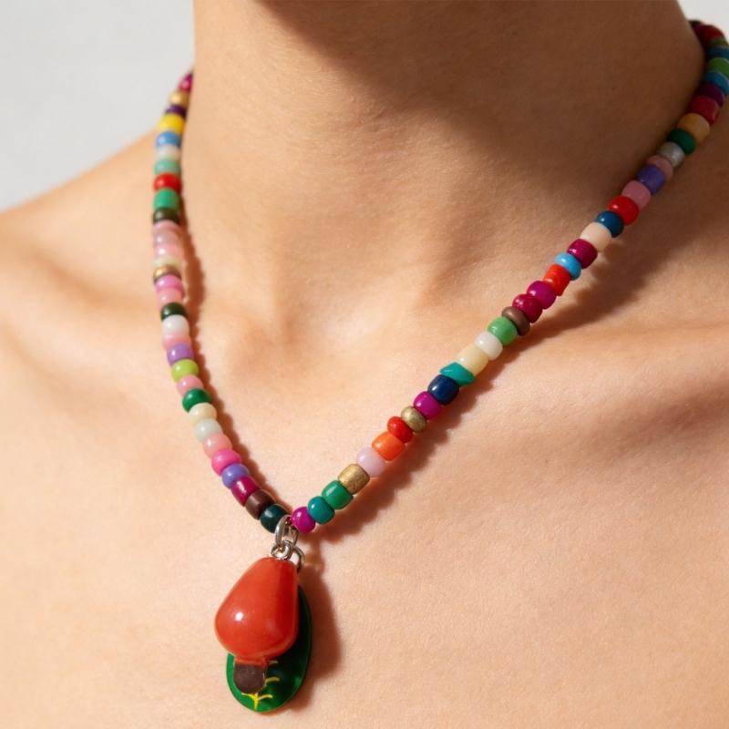 Lively Colorful Bead Necklace With Banana Strawberry Orange Fruit Charm Dopamine Inspired For Women Fashion Accessory