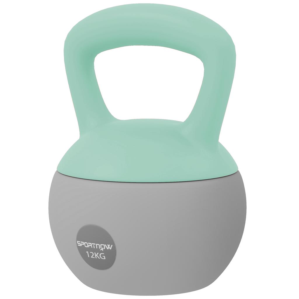 Kettlebell, 12 Kg, Sand Filled Metal, Non-Slip Handle, 21 X 21 X 30 Cm, Green and Grey