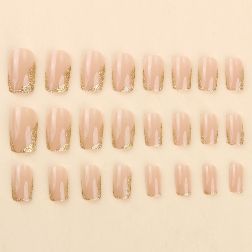Wearing Bare Color Nail Art Gold Shining Powder Fake Nail Art 24 Pieces French Nail Art Rectangular Light Luxury Square Nail Art