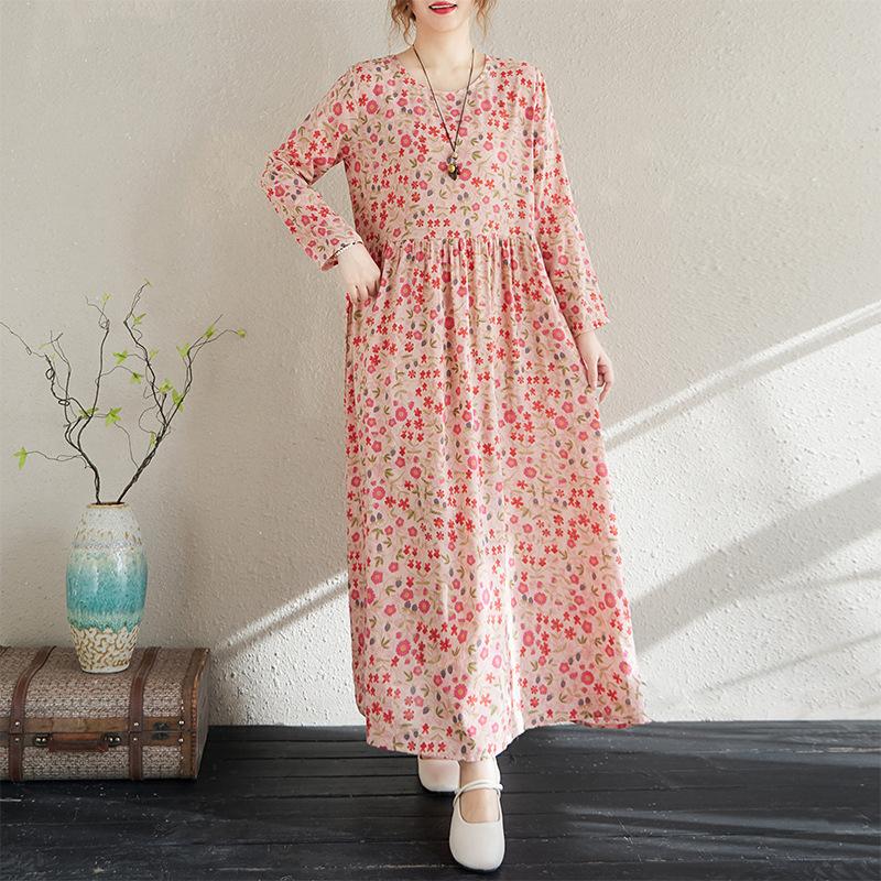 Early Spring Floral Vacation Style Travel Round Neck Retro Long Dress for Women Long Sleeved Vintage Dresses