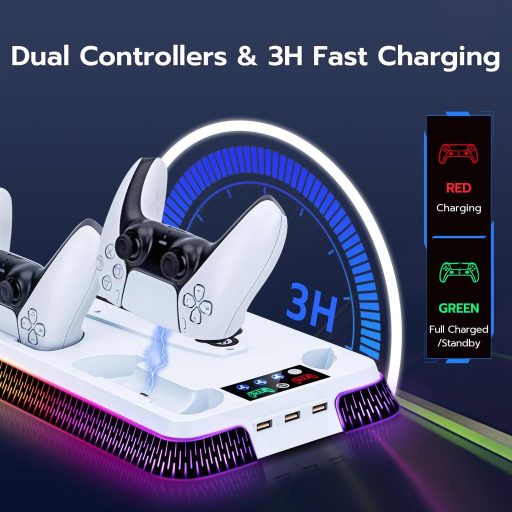 Mcbazel PS5 Slim Compatible Cooling Fan Dual Controller Charging Station with RGB Lighting and Headset Compatible with Both Disc and Digital Cooling