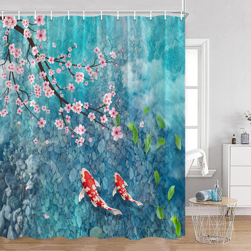 Rosa Blumen Kois Duschvorhänge Kirschblüten-Teich Aquarell Blumig Badezimmer Dekoration Polyesterstoff Badewannenvorhang