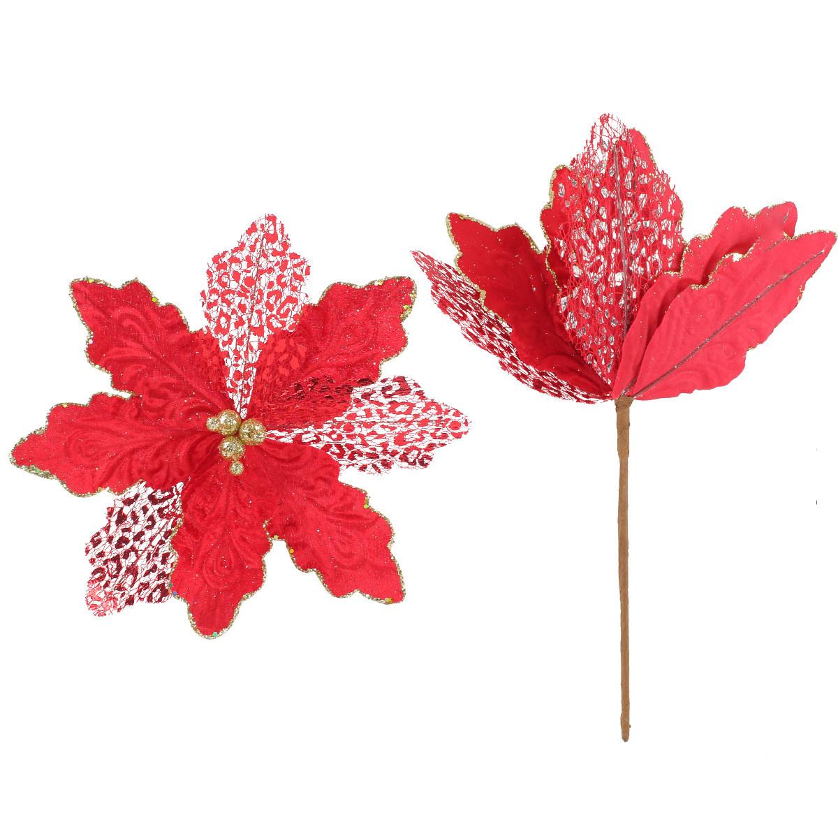 

Artificial Poinsettia Flower Stems with Glitter Lace Petals for Holiday Party Christmas Tree Wreath and Home Decor Arrangements One Size красный