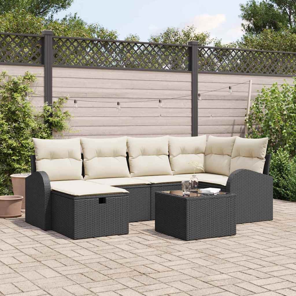 Garden Sofa Set with Cushions 7 Pcs Black Poly Rattan