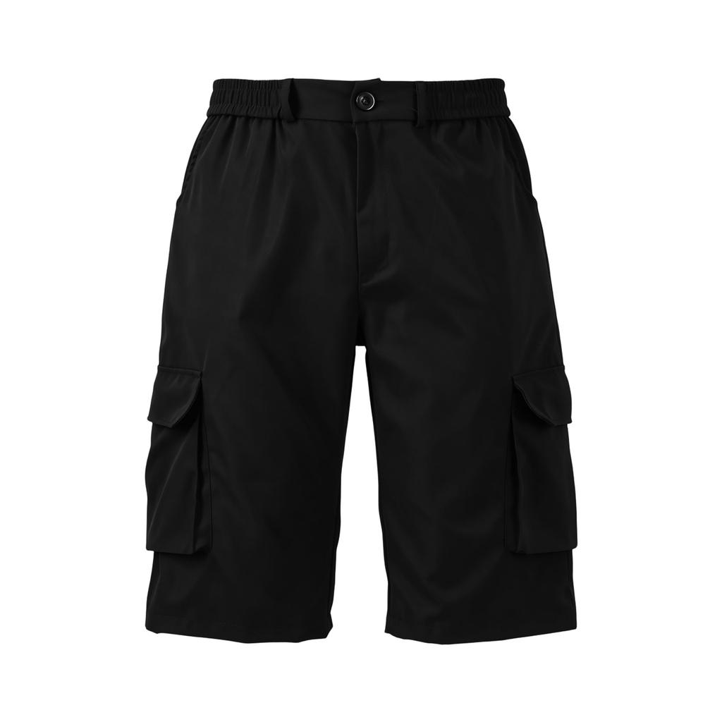 Mens Button Closure Elastic Waist Six Pocket Casual Cargo Knee Length Shorts for Outdoor and Daily Wear
